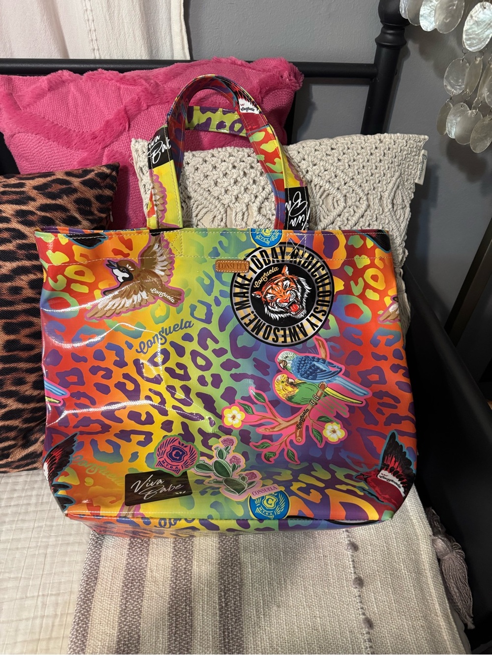 Consuela CAMI grab n go Leopard Print Tote with Floral & Bird Patch